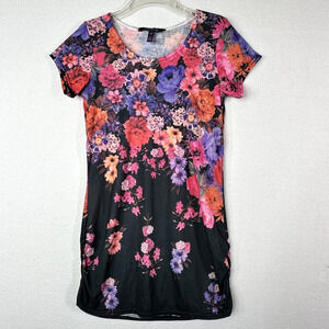 Long Tall Sally Top Tee Tunic XS Black Brights Floral Short Sleeve Ruched Sides
